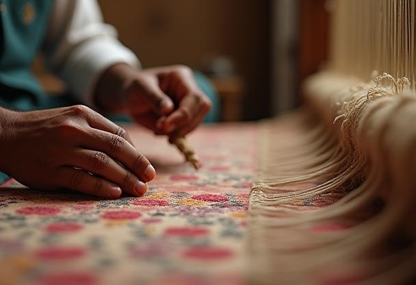 Artisans working on a rug, showcasing craftsmanship